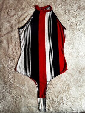 Womens High Neck Bodysuit Red Black White Striped Sleeveless Stretch Top